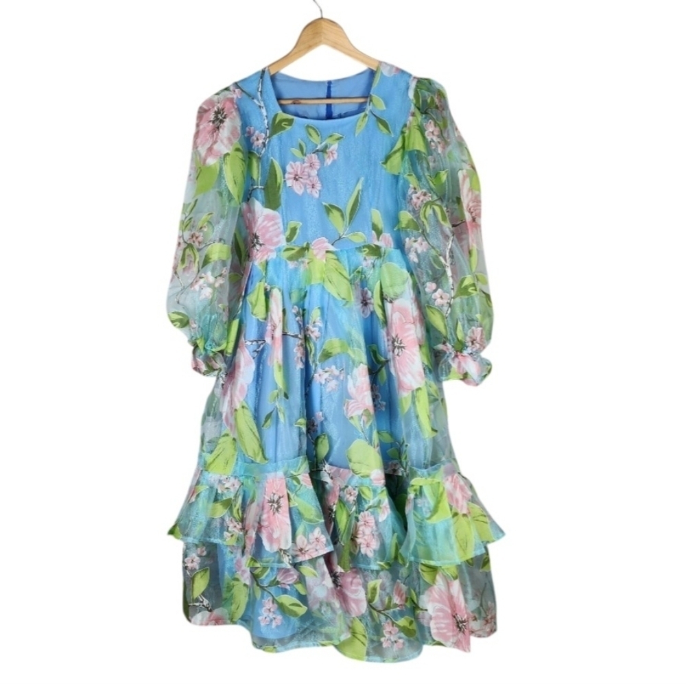 Handmade OOAK Floral Iridescent Ruffle Midi Dress Sheer Sleeve Coquette XS Fairy